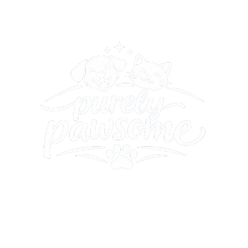 Purely Pawsome logo featuring a white smiling dog and cat above the brand name in elegant script, with a paw print below, set on a dark navy blue (#0B0F35) background