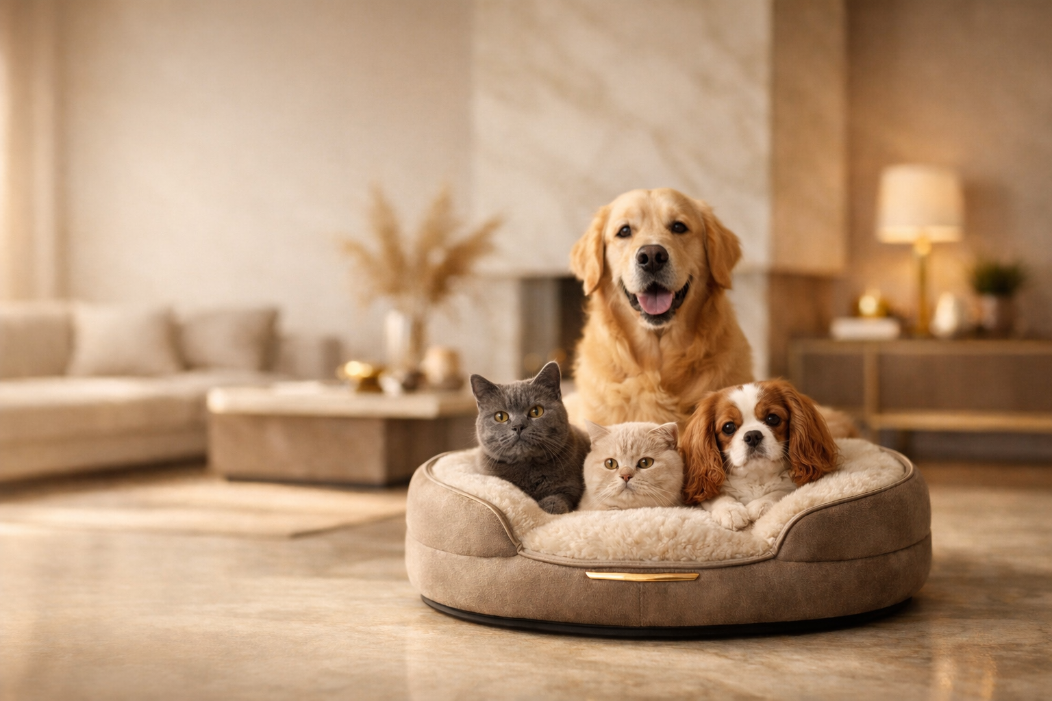 Luxury pet bed in a modern living room featuring a golden retriever, two cats, and a small spaniel relaxing together, showcasing premium comfort and high-end pet essentials by Purely Pawsome.