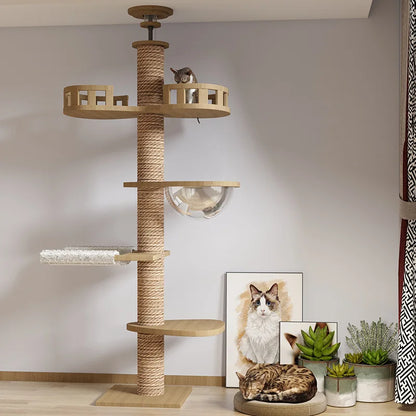 Purely Pawsome™ Climbing Cat Tree - Floor to Ceiling Tower with Scratching Post & Hammock