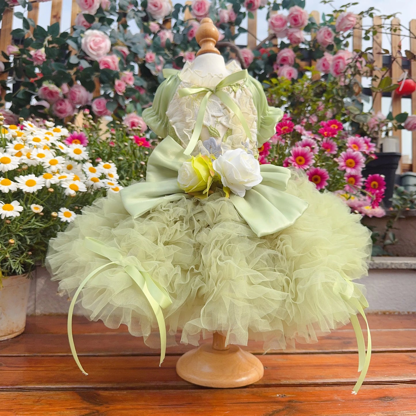 Purely Pawsome™ Luxury Green Dog Party Dress - Handmade Embroidered Lace Gown