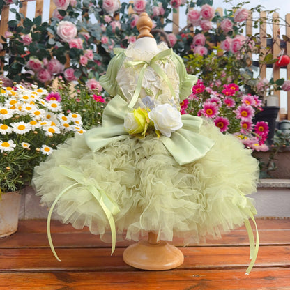 Purely Pawsome™ Luxury Green Dog Party Dress - Handmade Embroidered Lace Gown