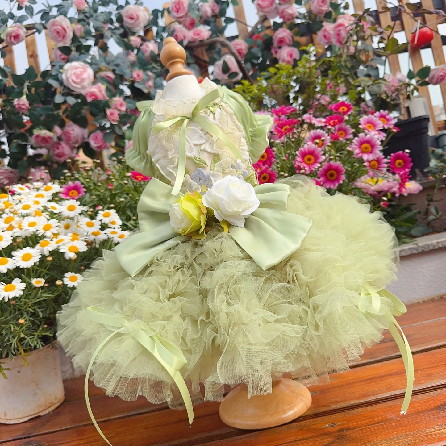 Purely Pawsome™ Luxury Green Dog Party Dress - Handmade Embroidered Lace Gown