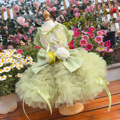 Purely Pawsome™ Luxury Green Dog Party Dress - Handmade Embroidered Lace Gown