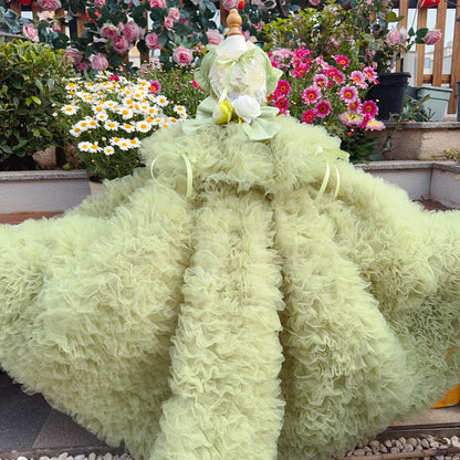 Purely Pawsome™ Luxury Green Dog Party Dress - Handmade Embroidered Lace Gown