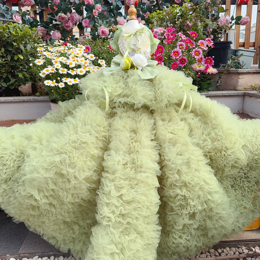 Purely Pawsome™ Luxury Green Dog Party Dress - Handmade Embroidered Lace Gown