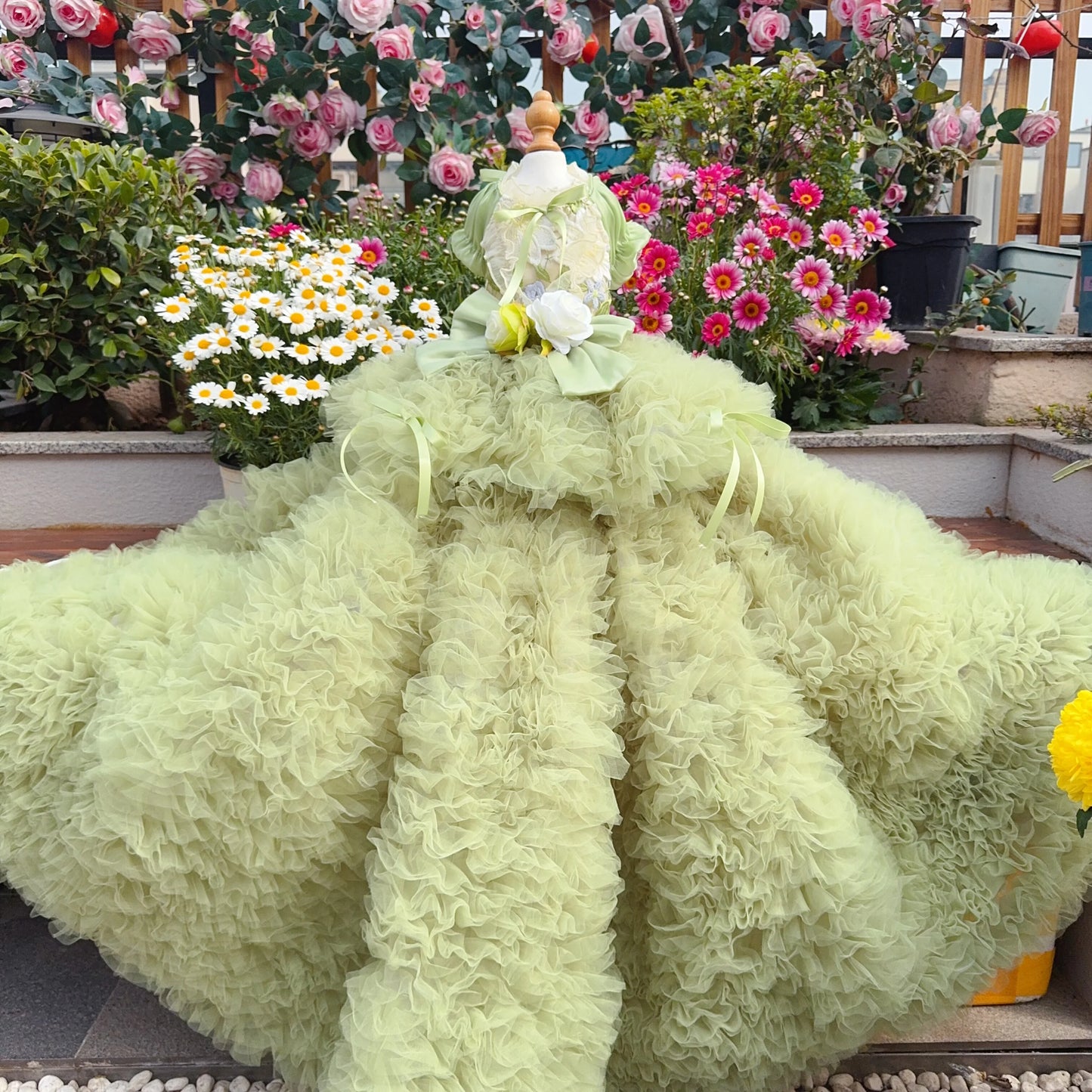 Purely Pawsome™ Luxury Green Dog Party Dress - Handmade Embroidered Lace Gown