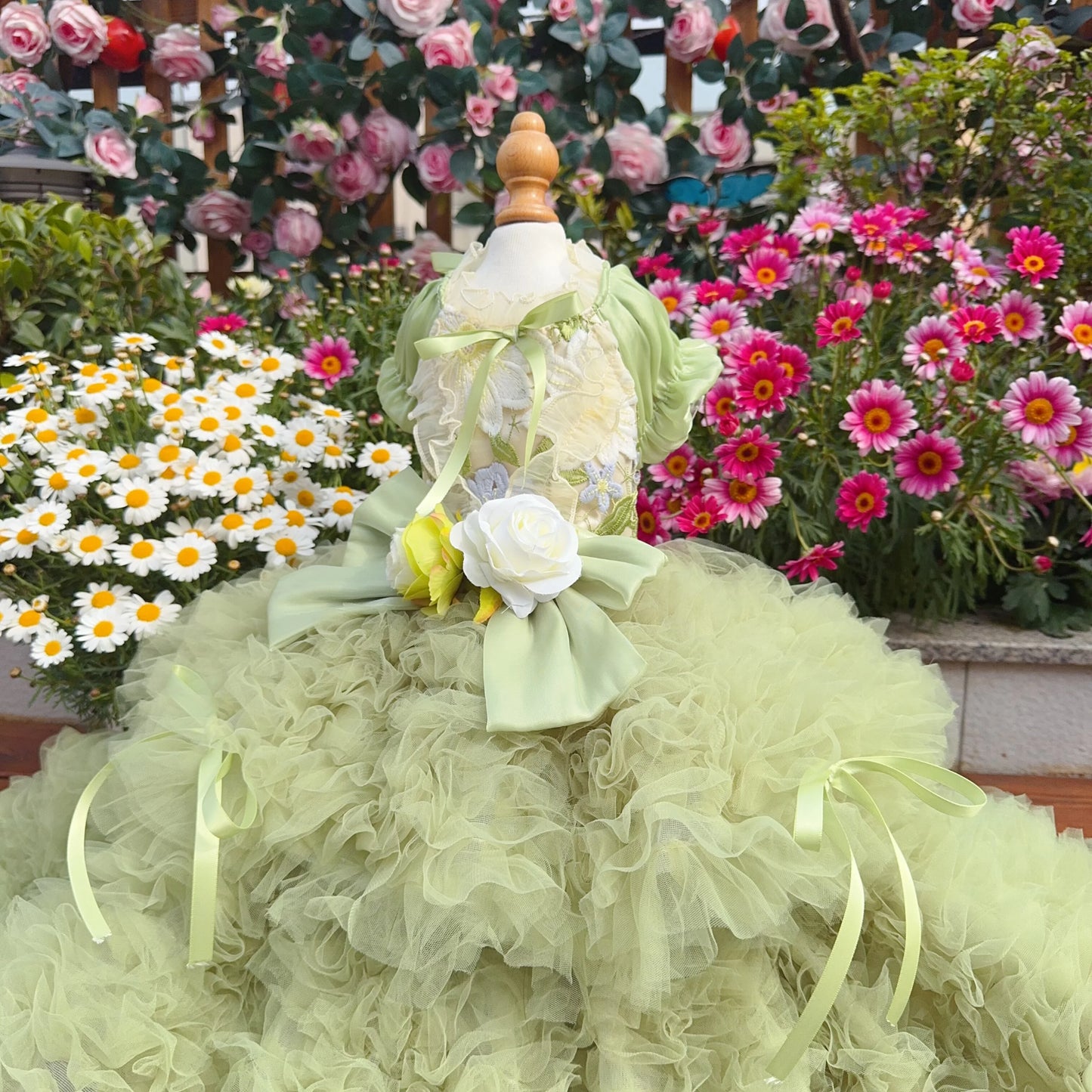 Purely Pawsome™ Luxury Green Dog Party Dress - Handmade Embroidered Lace Gown