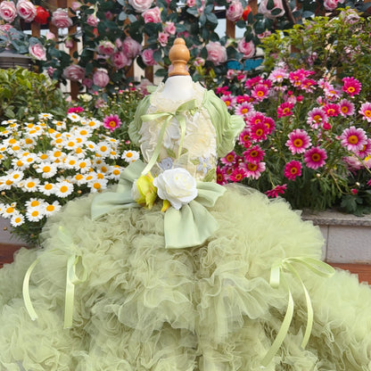 Purely Pawsome™ Luxury Green Dog Party Dress - Handmade Embroidered Lace Gown