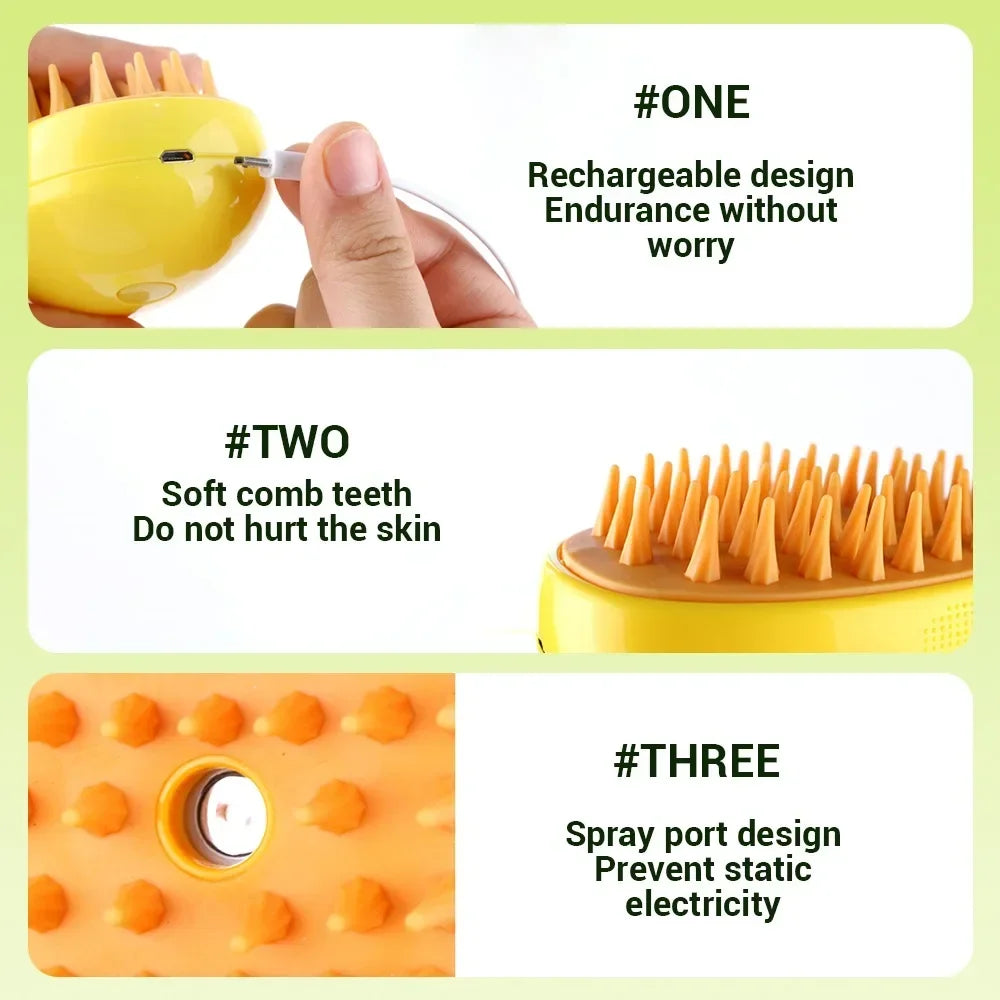 3-in-1 Electric Steam Pet Brush – Spray, Massage & Deshedding Grooming Tool for Dogs & Cats